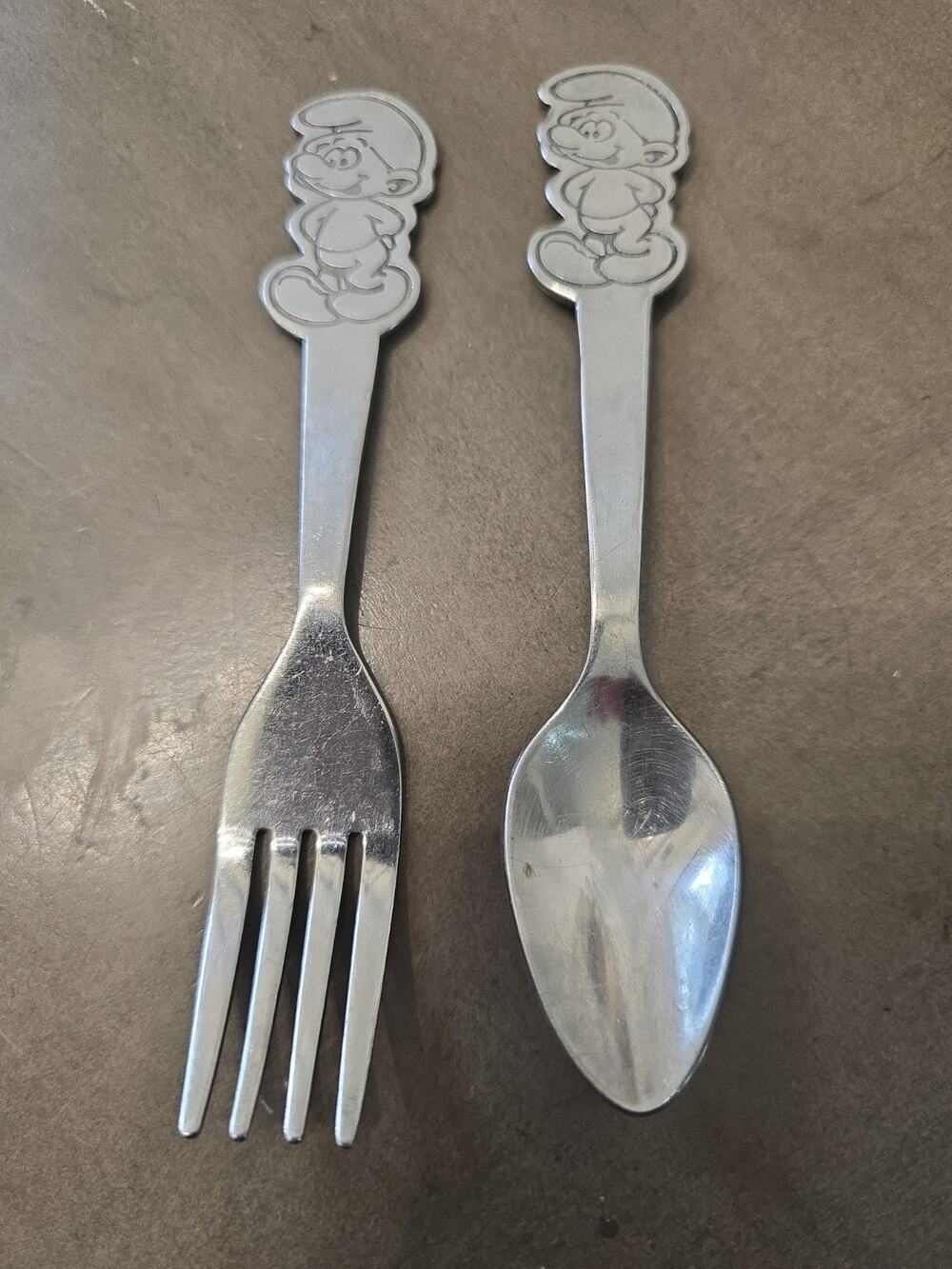 Vintage 1980's SMURFS Stainless Steel Toddlers Fork & Spoon by Peyo Danara
